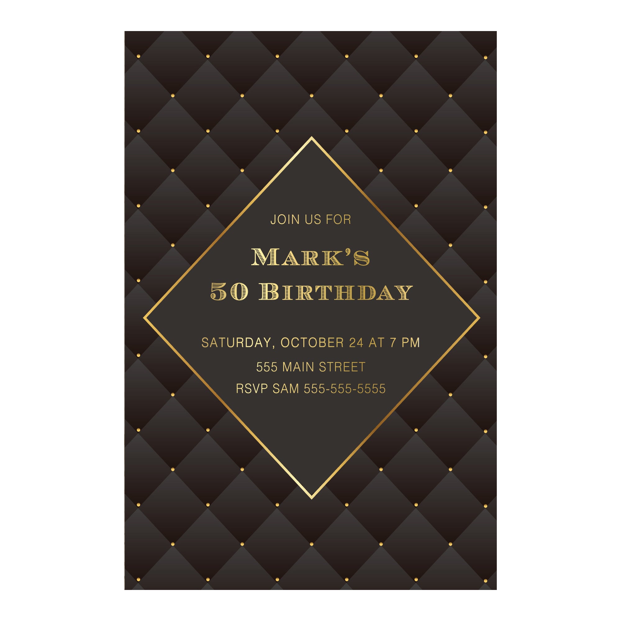 Adult birthday invitation black gold & envelopes (set of 30)