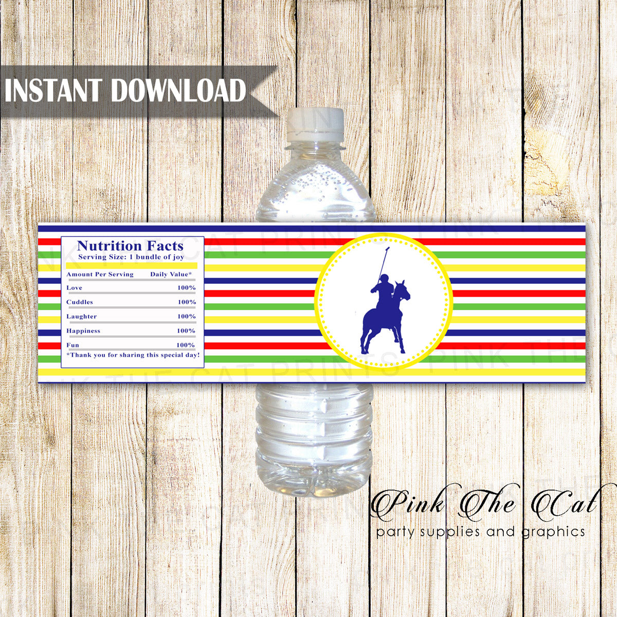 Polo Bottle Label Baby Shower Birthday Blue Yellow Printable