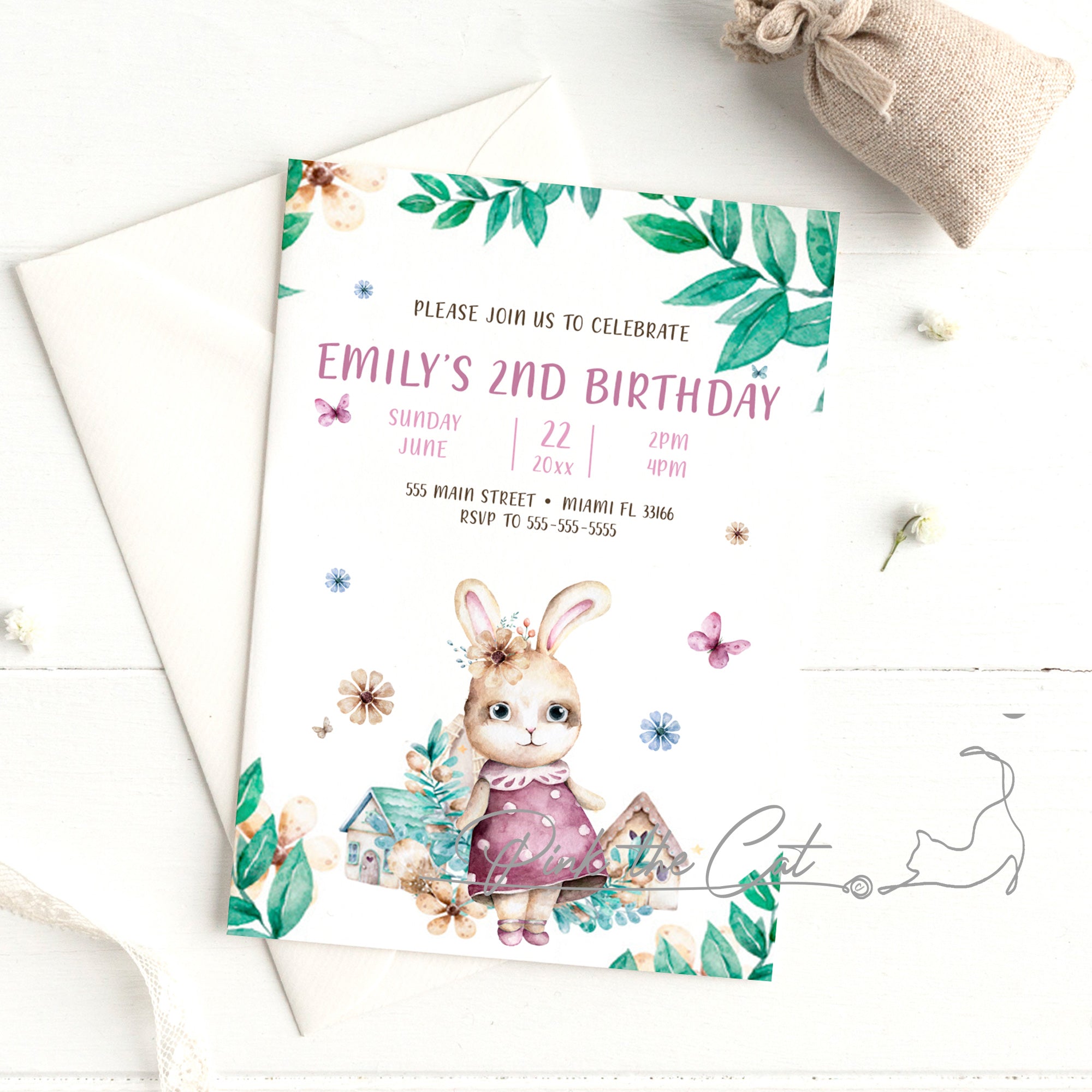 Bunny watercolor birthday invitation for girls personalized