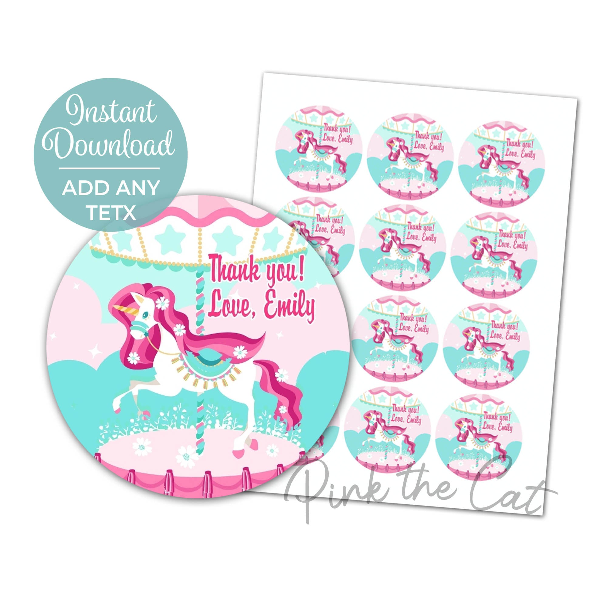 Carousel pink unicorn stickers labels printable