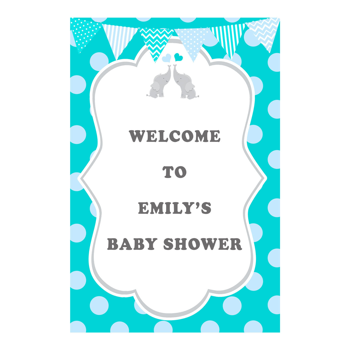Elephant Welcome Sign Twins Baby Shower Teal Printed