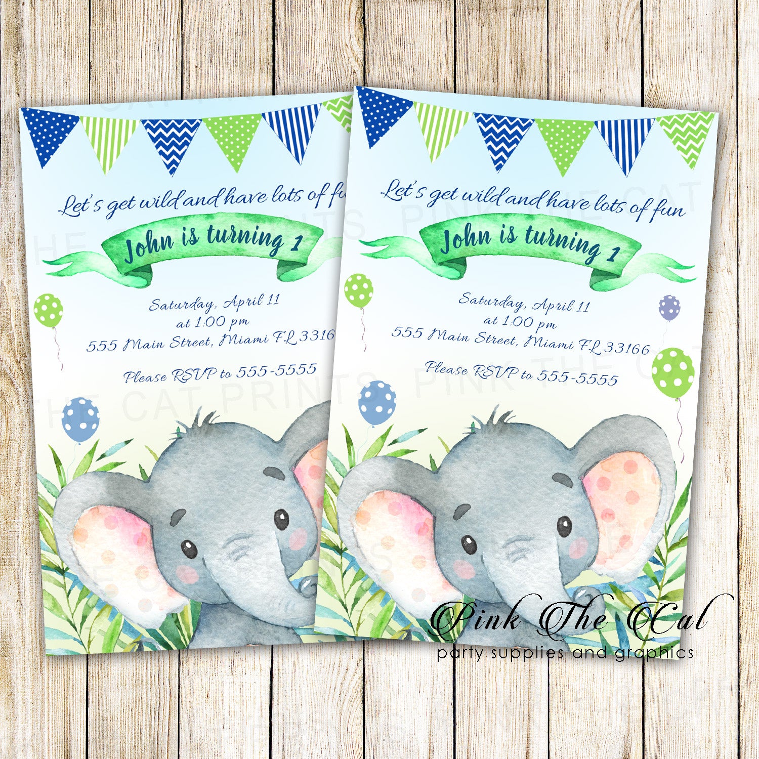Elephant invitations watercolor painted boy birthday party printable