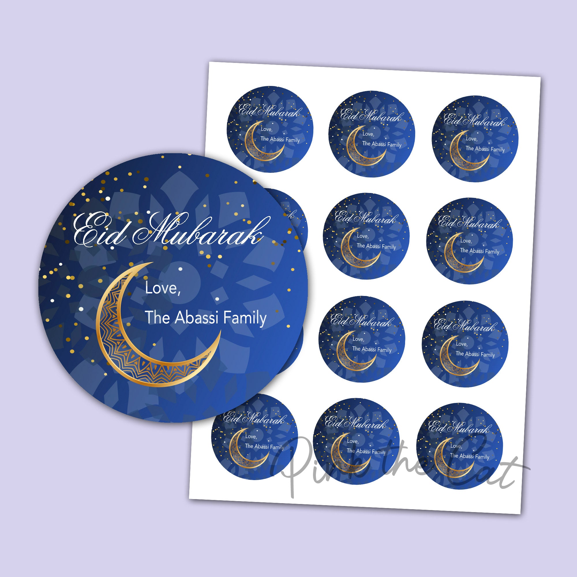 Eid mubarak stickers blue al adha favor labels tags gold moon confetti