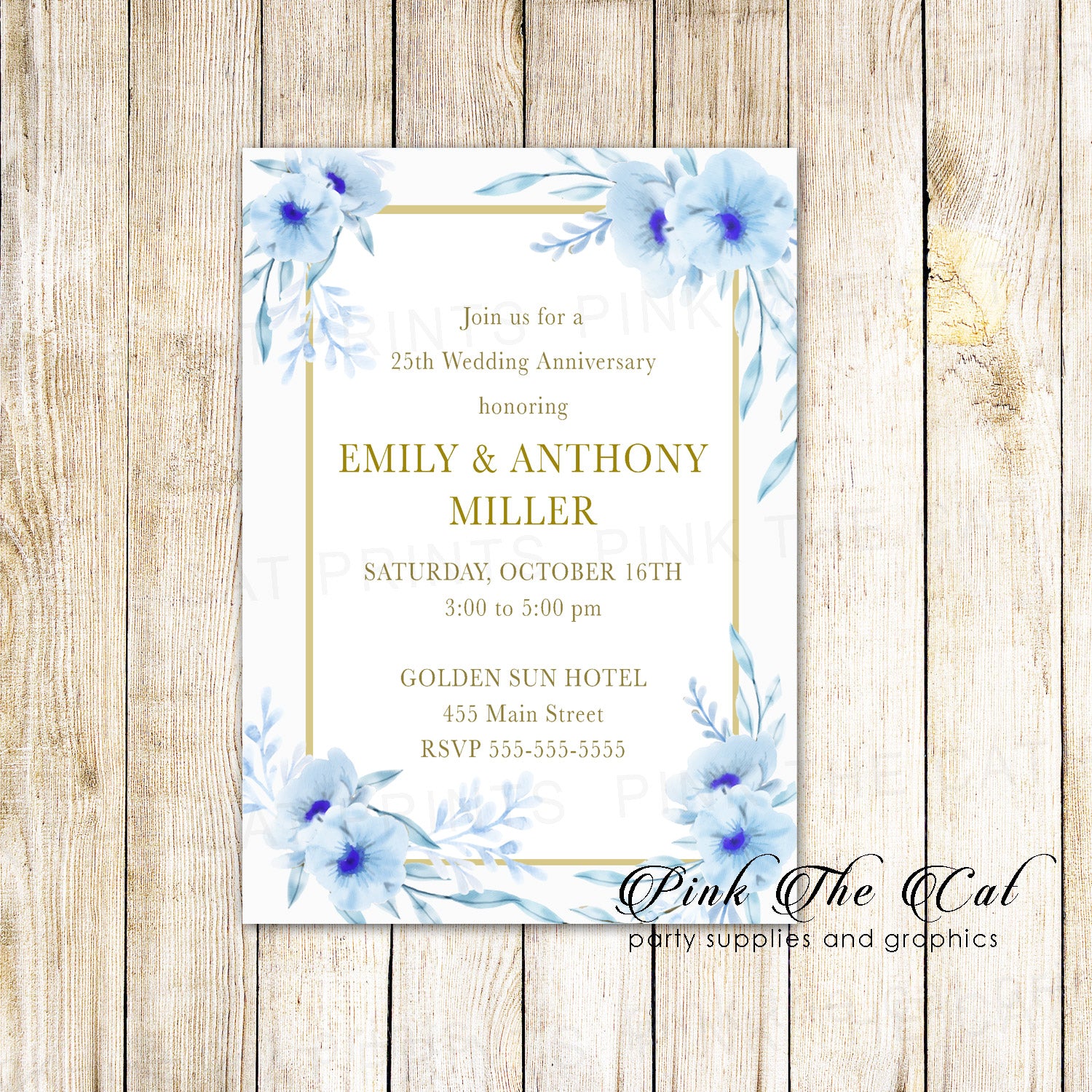 100 Wedding anniversary invitations floral blue gold
