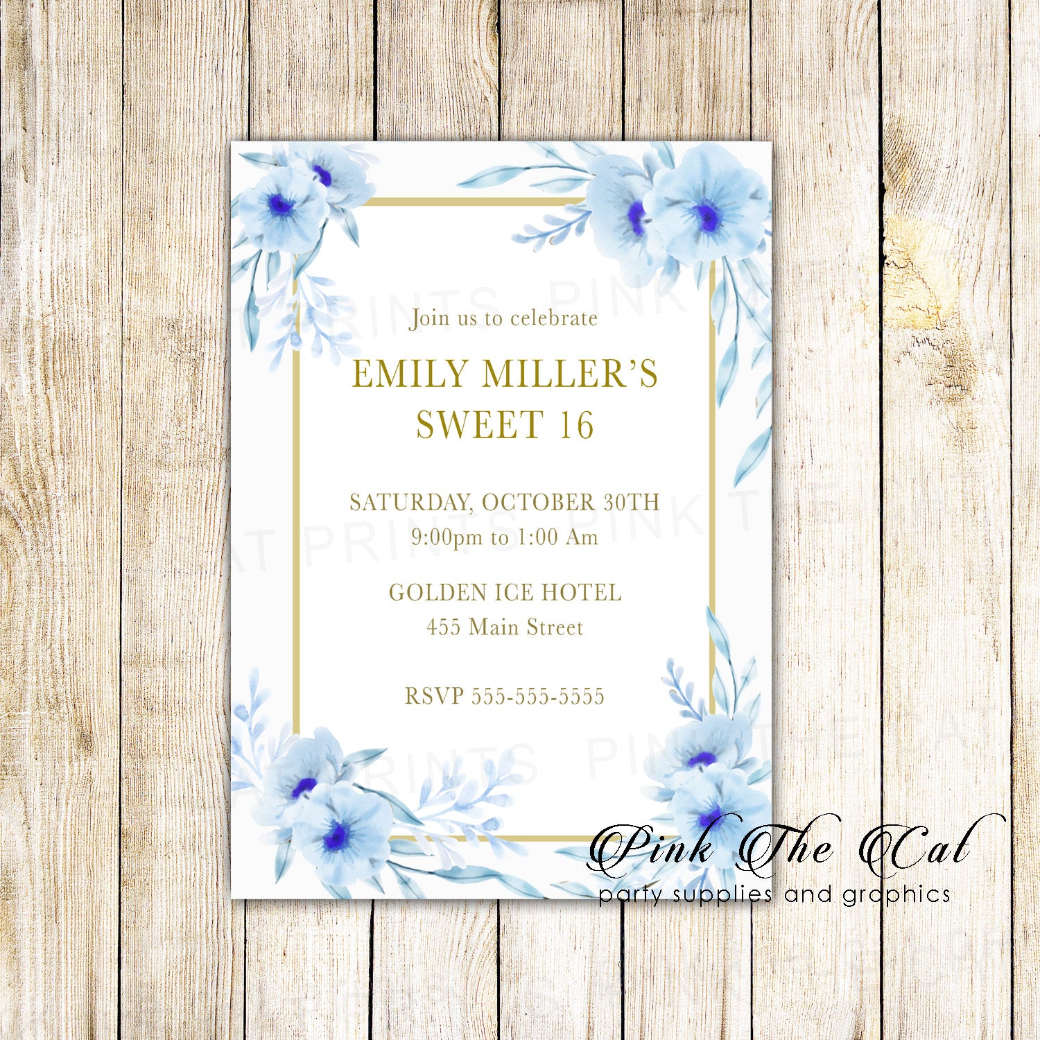Floral invitations birthday blue gold (set of 100)
