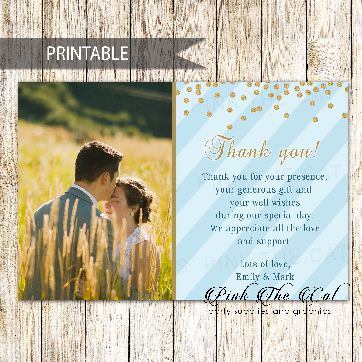 Thank you cards bridal shower blue gold confetti photo printable