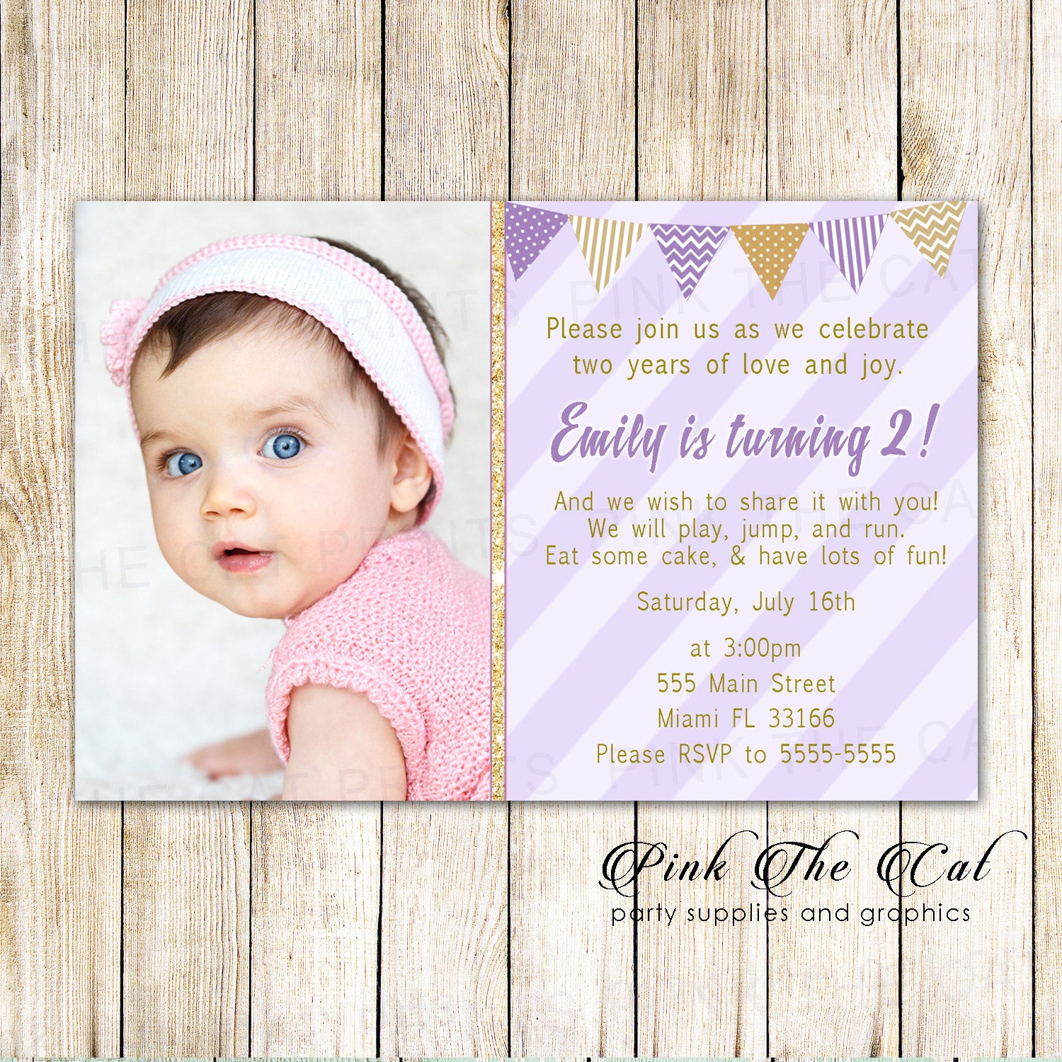 Glitter gold lavender invitation girl birthday photo card printable