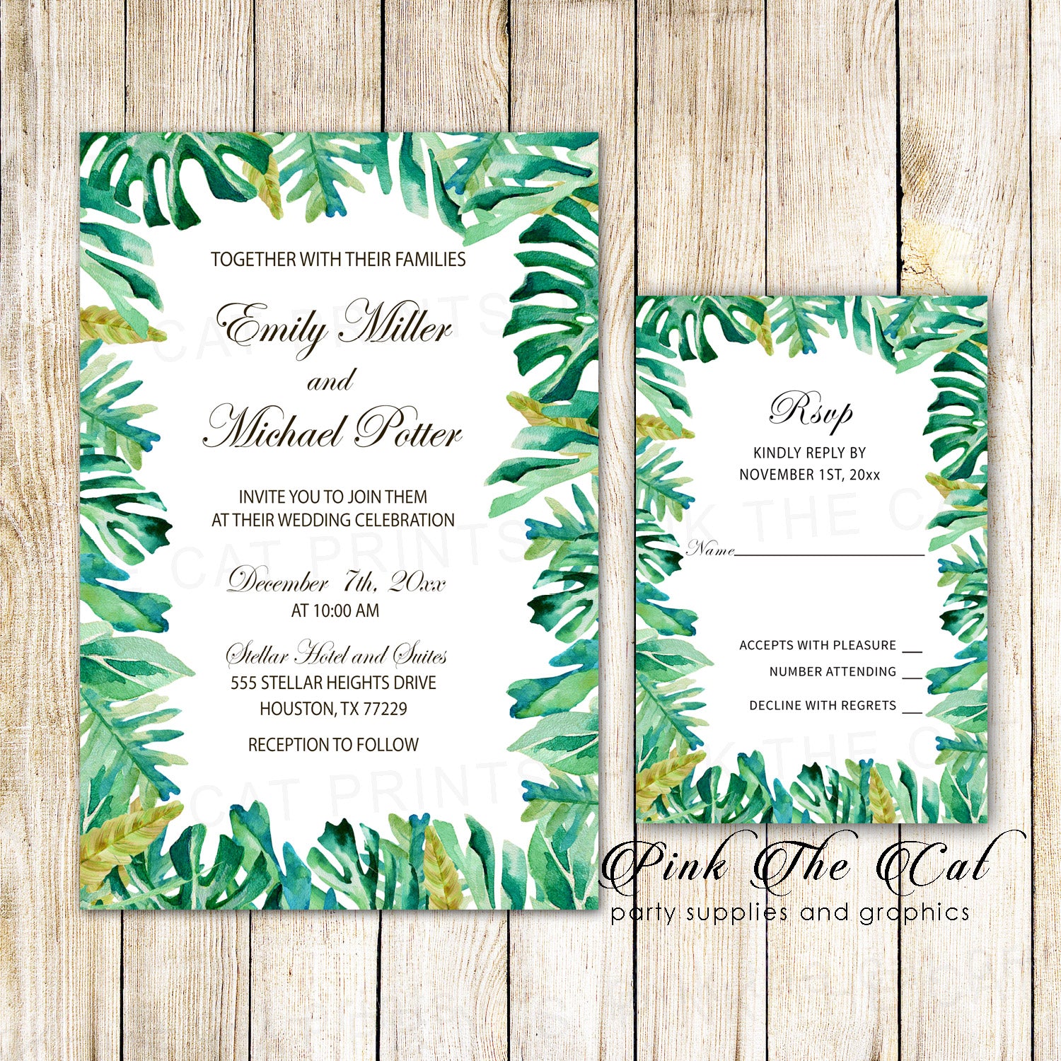 100 Botanical Garden Border Wedding Invitations & RSVP Cards