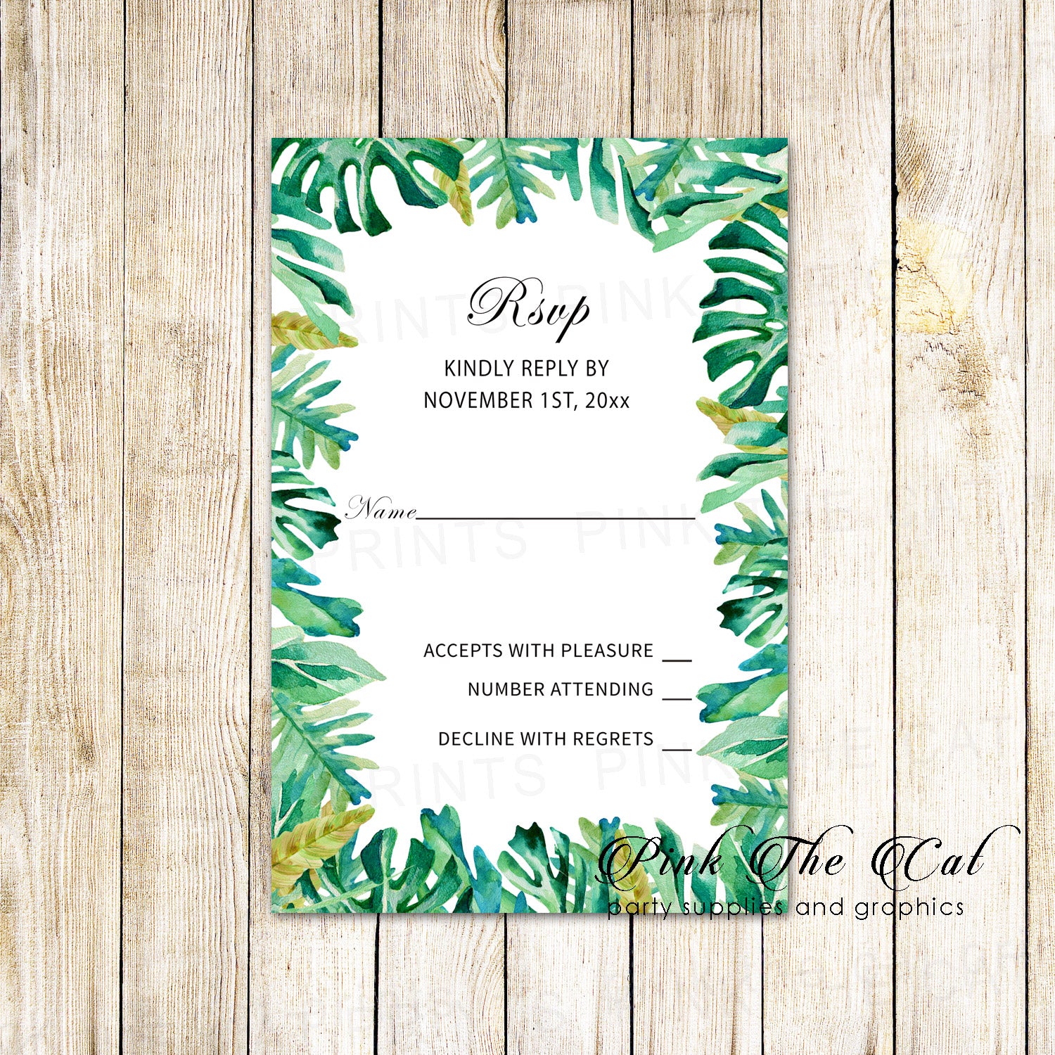 RSVP cards botanical wedding green tropical leaves printable