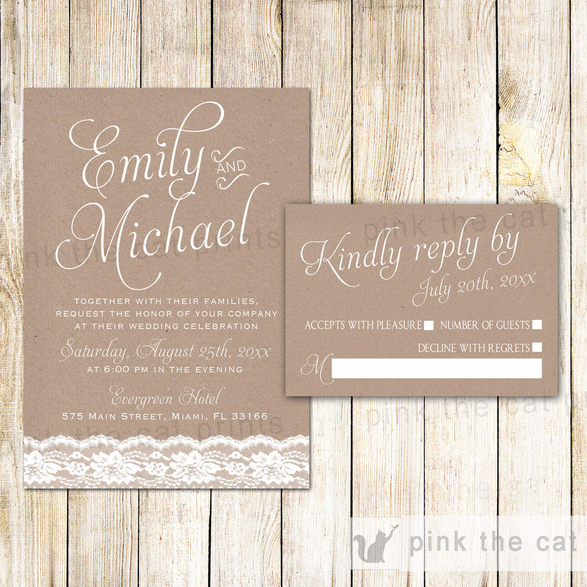 Lace Rustic Wedding Invitations & RSVP Cards