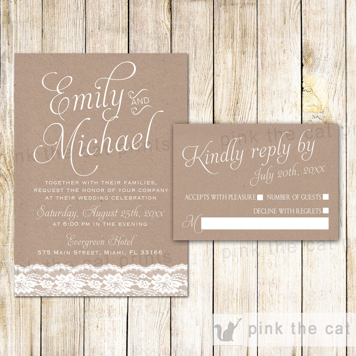 Lace Rustic Wedding Invitation & RSVP Card