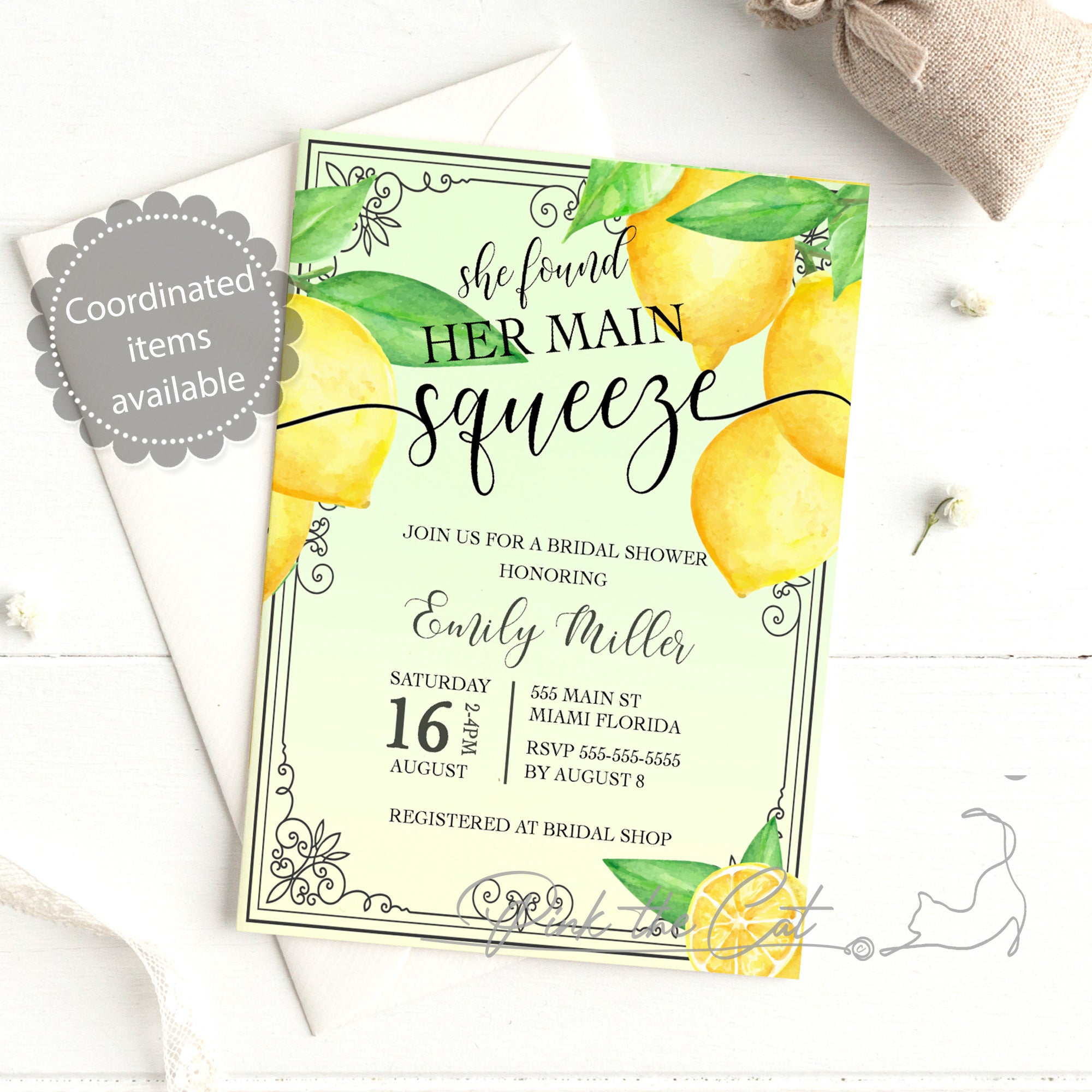 Lemon citrus watercolor invitation bridal shower main squeeze