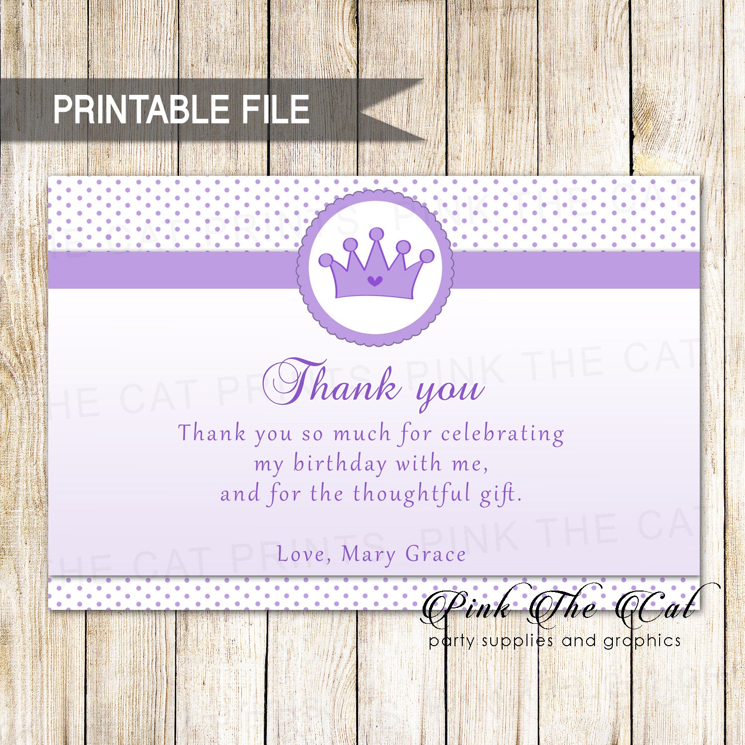 Princess Thank You Note Lavender Birthday Baby Shower Printable