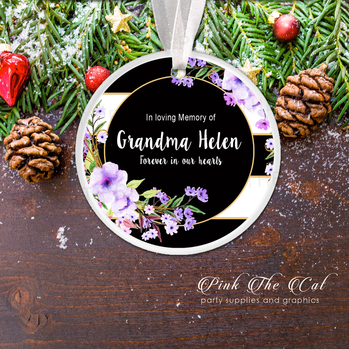 Personalized Christmas ornament Memorial Purple Black Floral