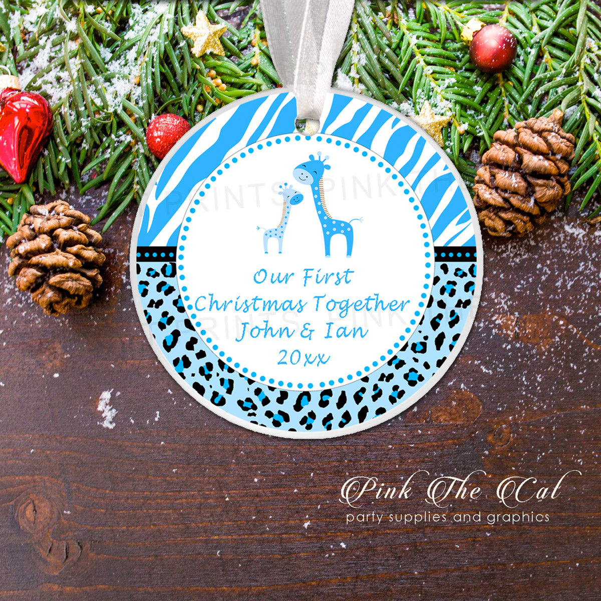 Personalized Christmas ornament  blue giraffes baby boy