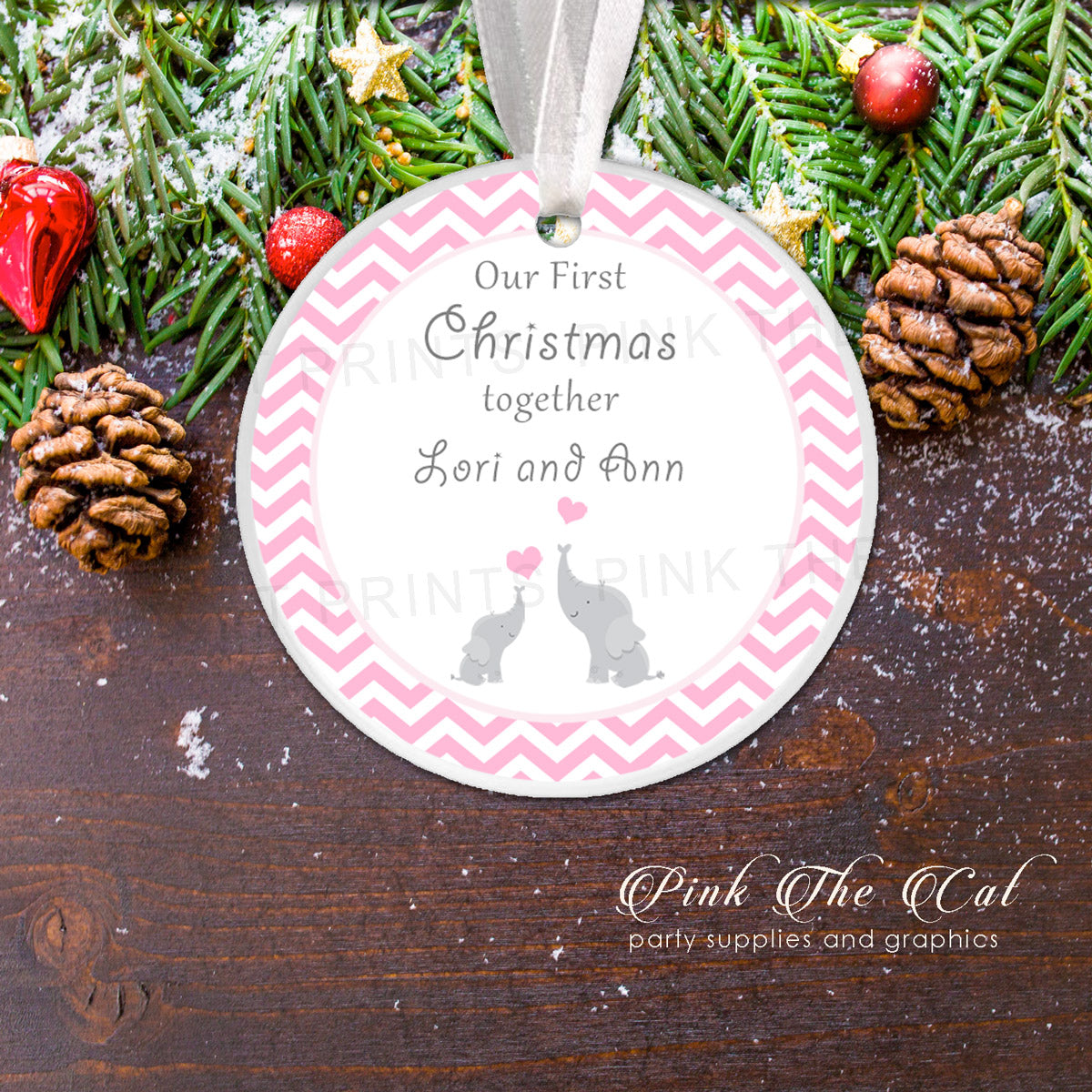 Personalized Christmas ornament elephant pink