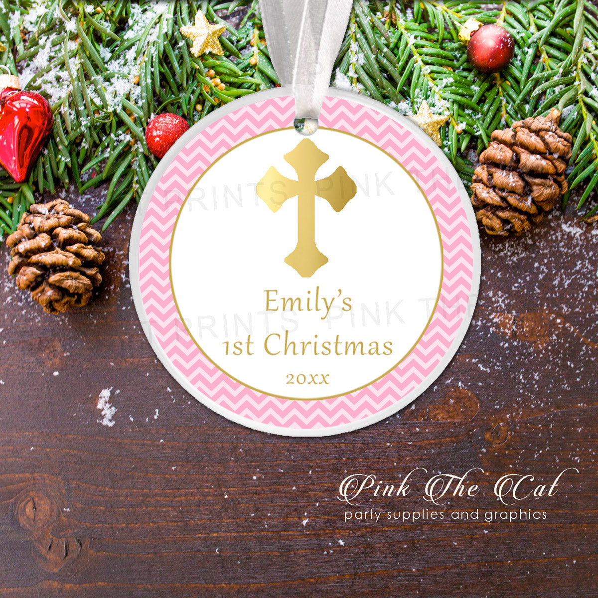 Personalized Christmas ornament girl gold pink cross
