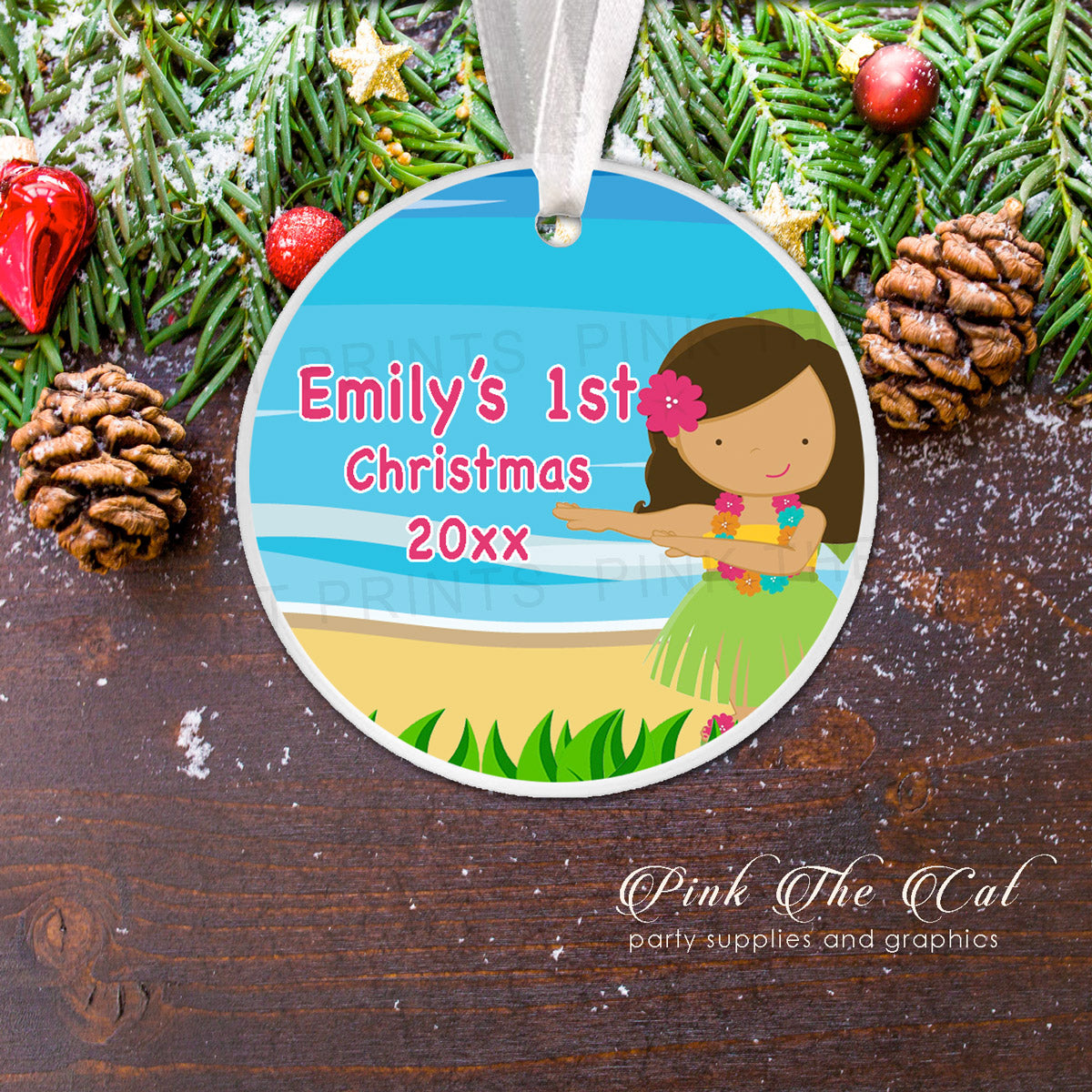 Personalized Christmas ornament girl luau