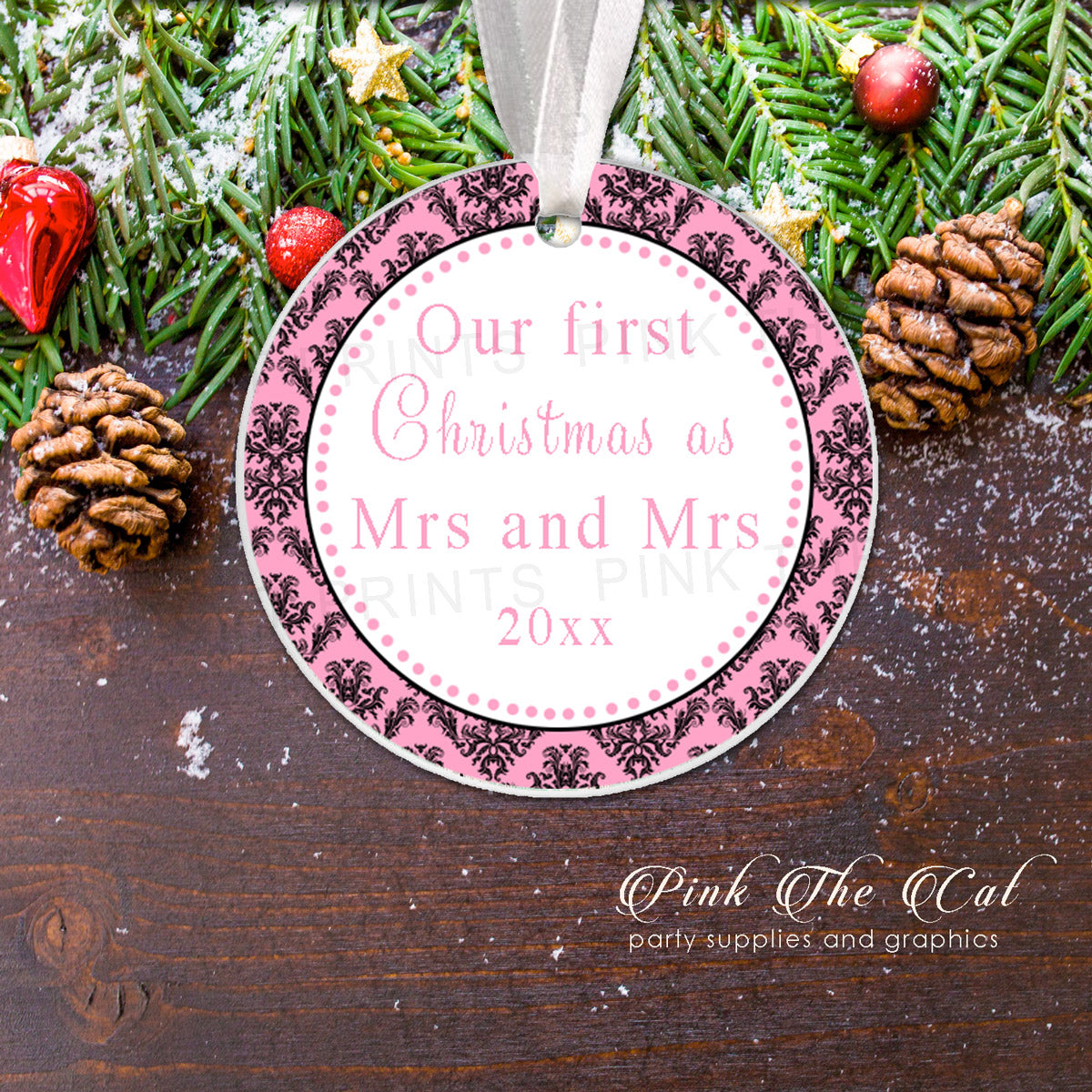 Personalized Christmas ornament newlyweds pink black