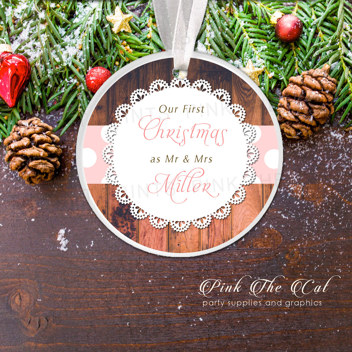 Personalized Christmas ornament rustic blush pink lace