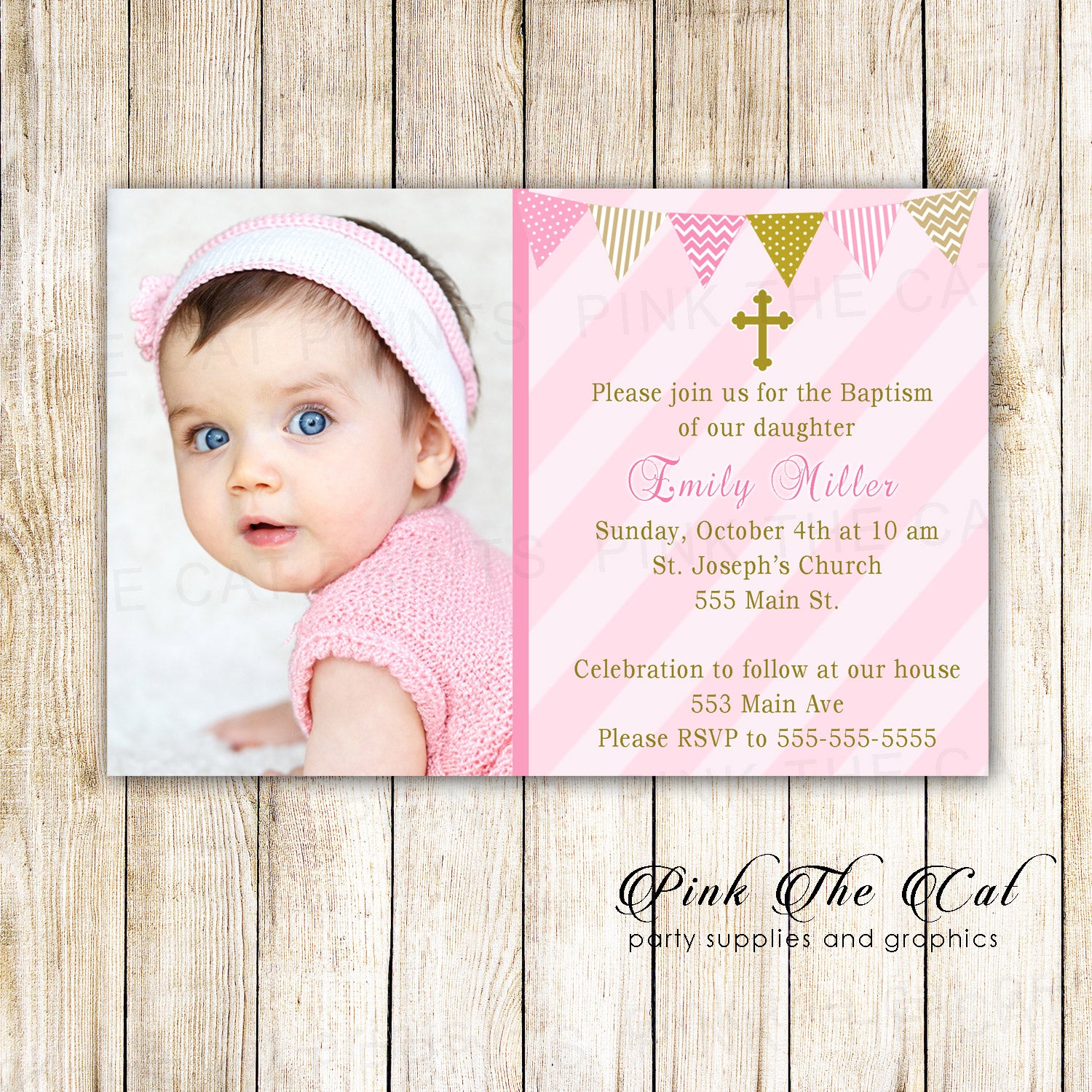 30 Girl Baptism Christening With Photo Invitations Pink Gold
