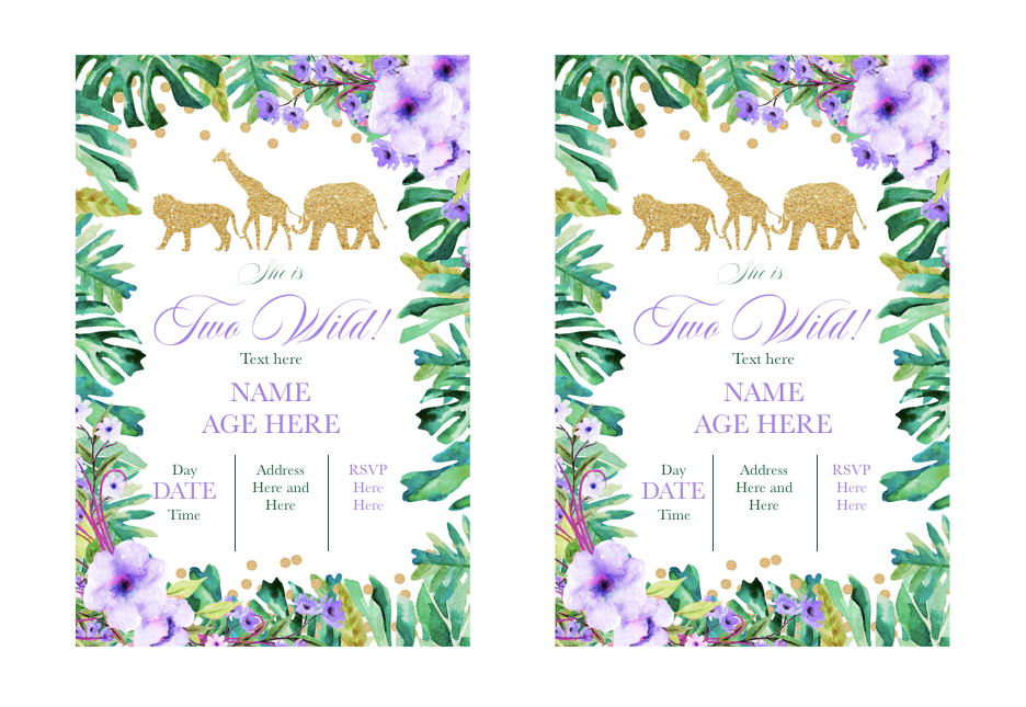 Jungle two wild birthday invitation purple printable