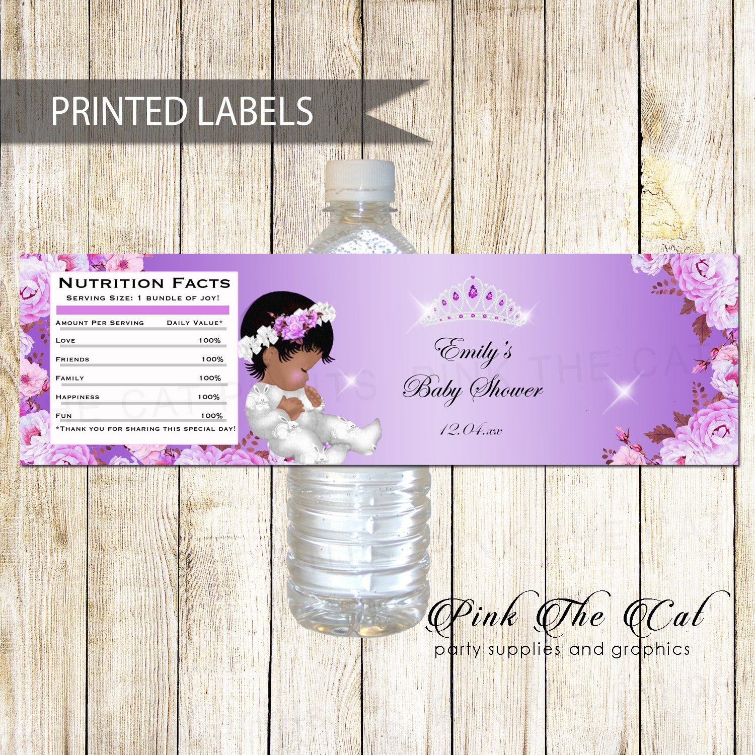 30 bottle labels princess african american baby shower purple
