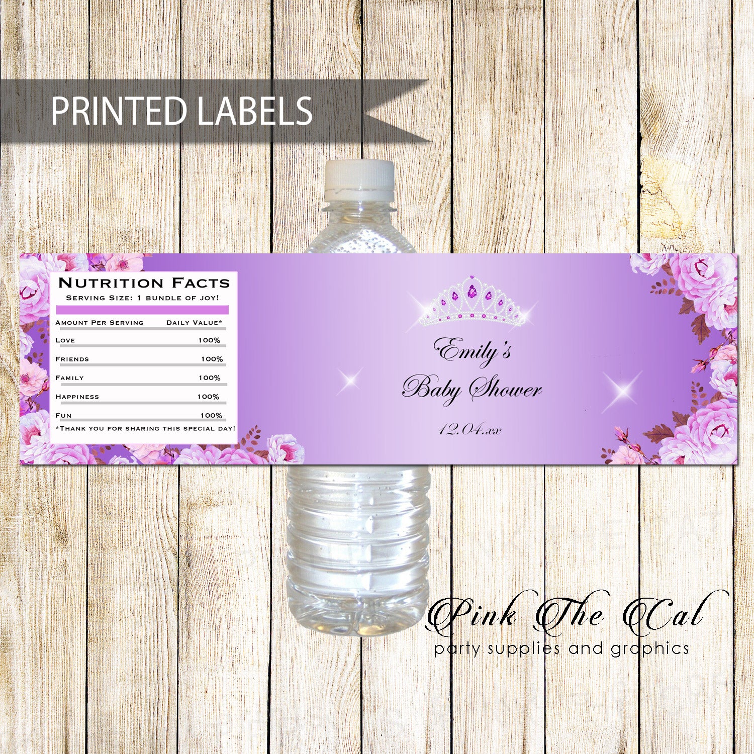 30 bottle labels diamonds tiara floral baby shower purple
