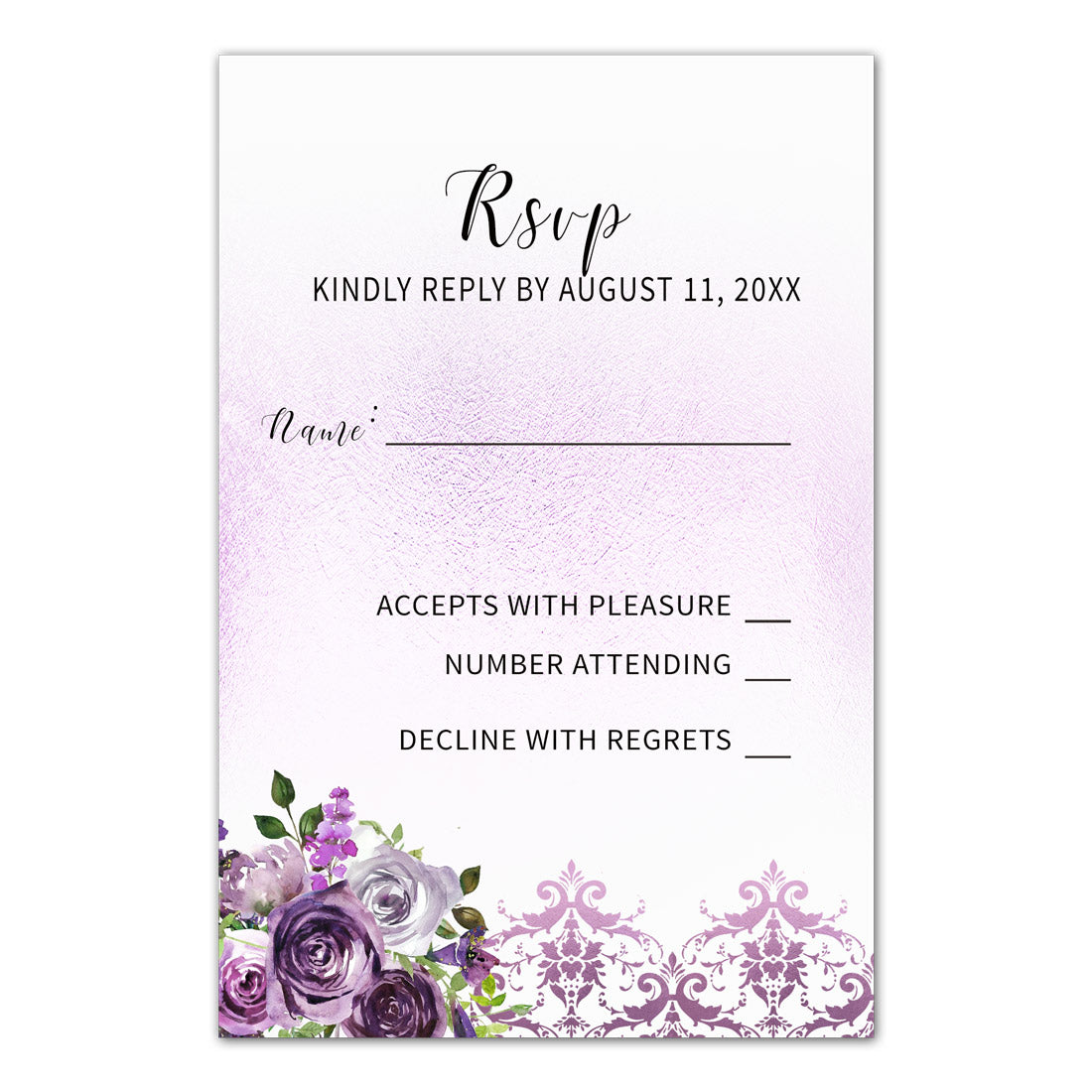 Floral Wedding Invitations & RSVP Cards Plum Violet Damask