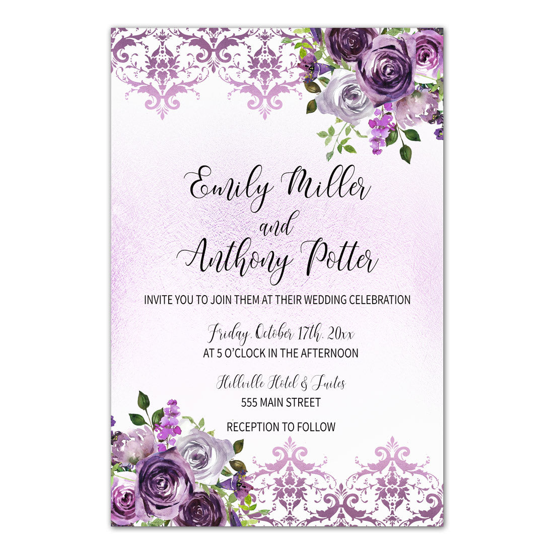 50 Floral Wedding Invitations & RSVP Cards Plum Violet Damask