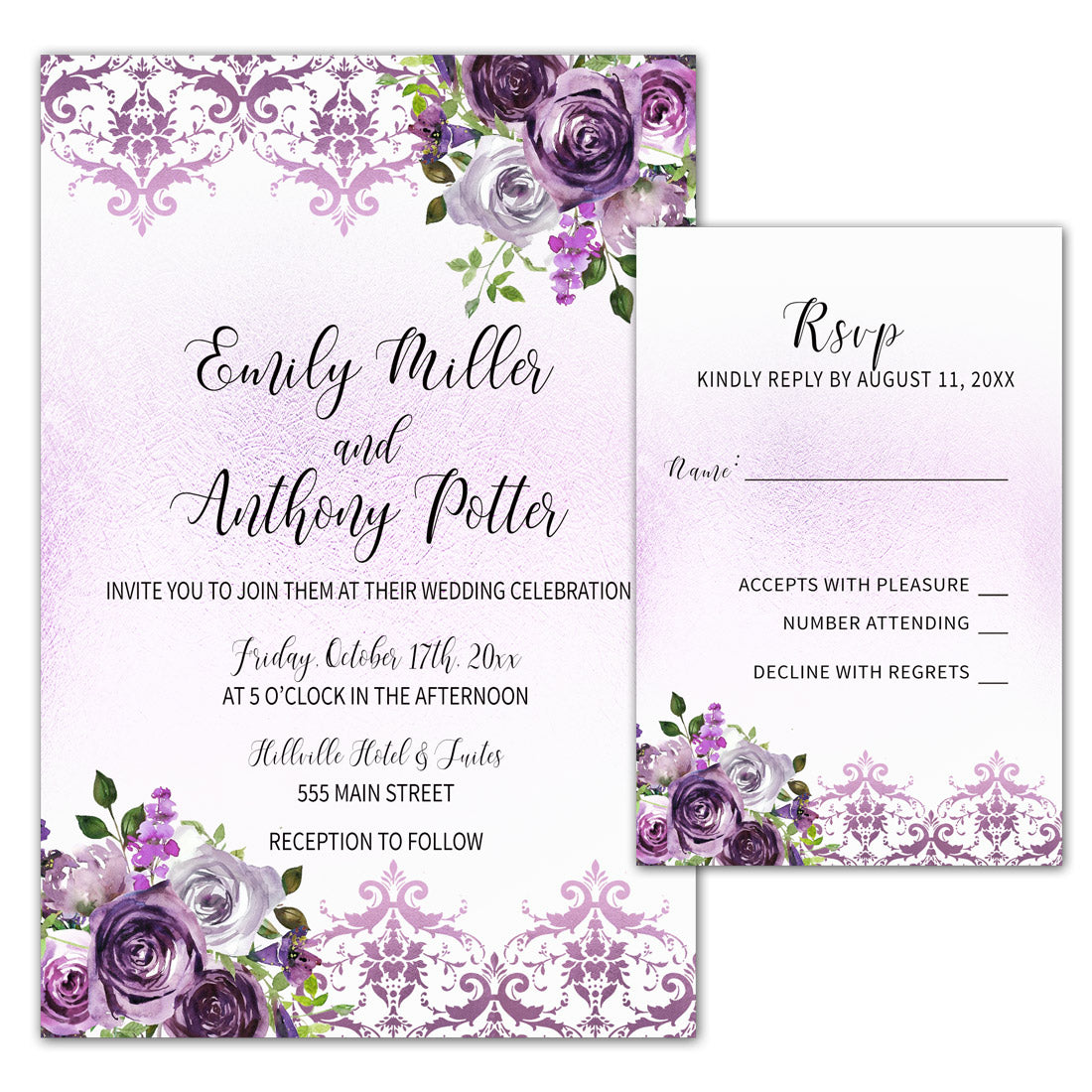 Floral Wedding Invitations & RSVP Cards Plum Violet Damask 100 pack