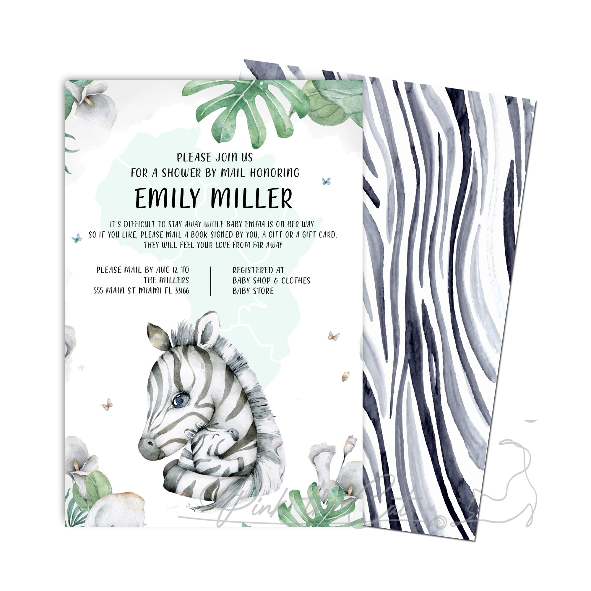 Mom and baby zebra shower by mail invitation