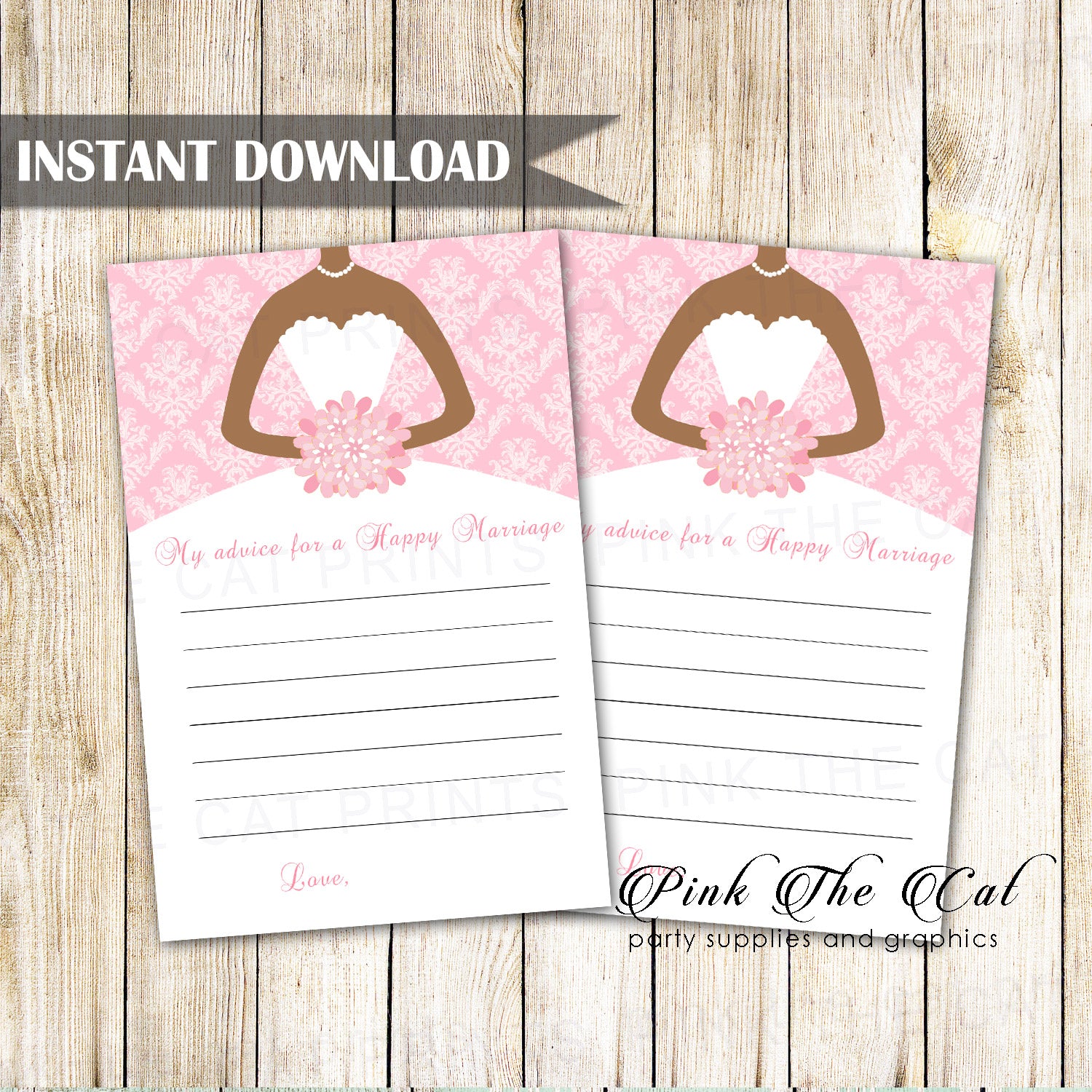 Pink Damask Bridal Shower Advice Cards African American