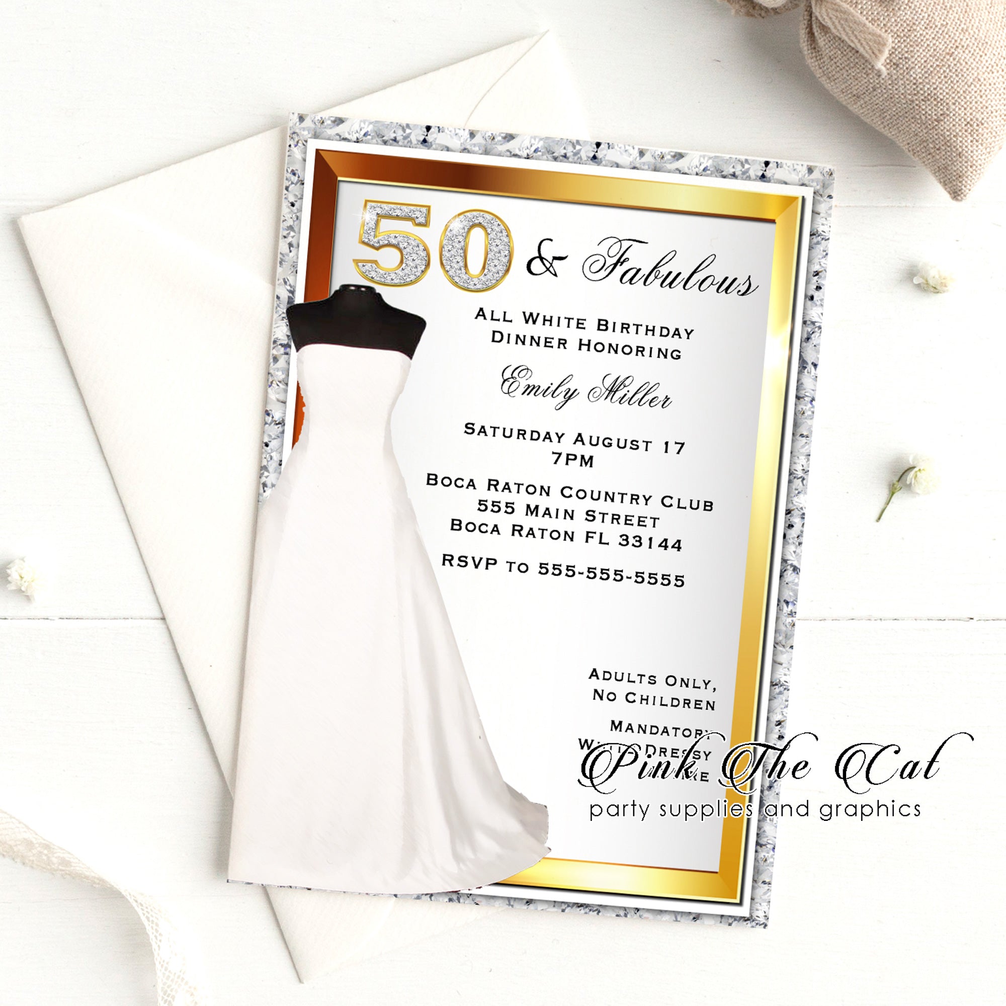 30 White gold dress 50th birthday invitation personalized – Pink the Cat