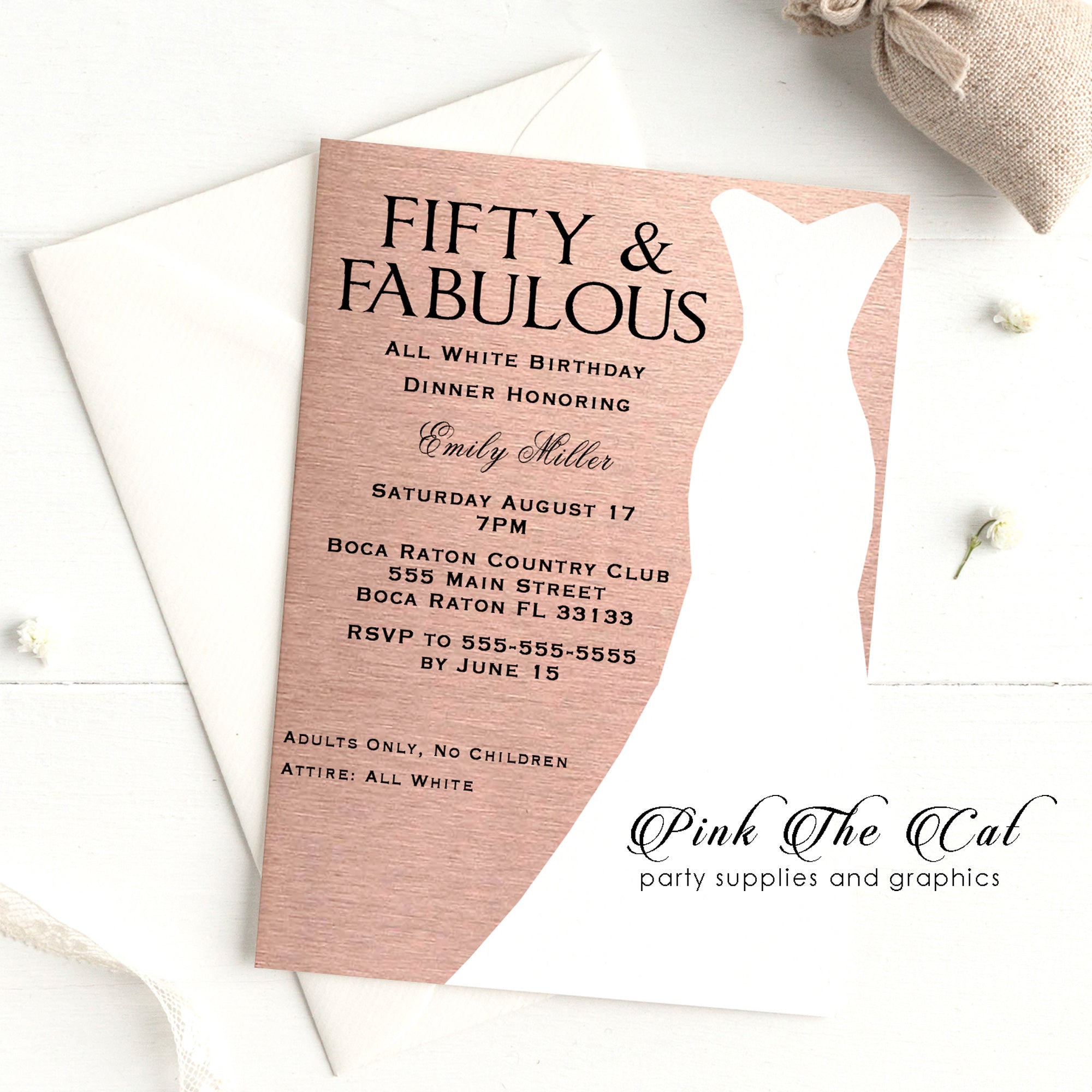 Rose gold dress 50th birthday invitation personalized set of 30 – Pink the Cat