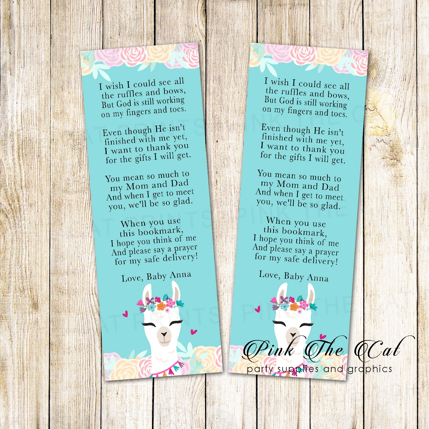 50 bookmarks llama alpaca face girl baby shower personalized