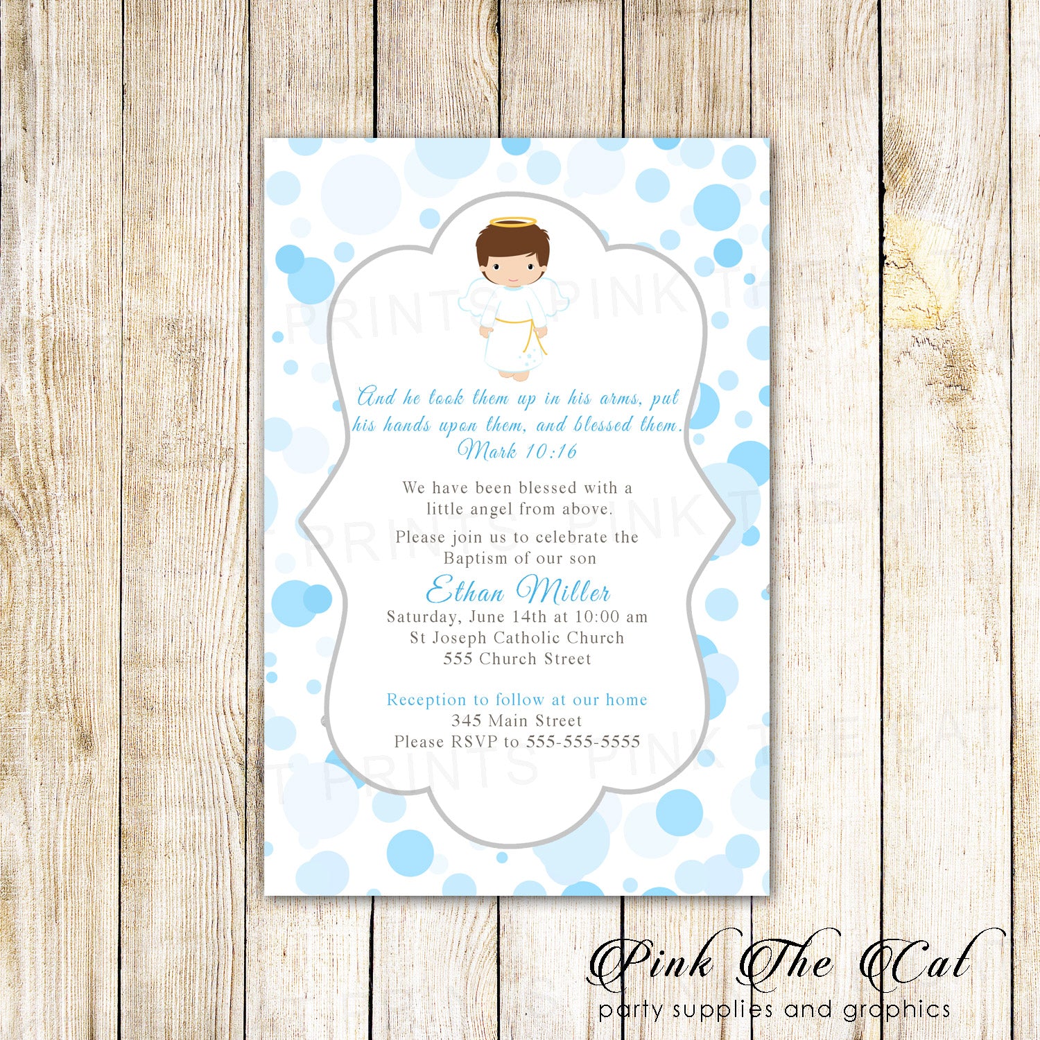 30 invitations boy baptism christening communion blue angel