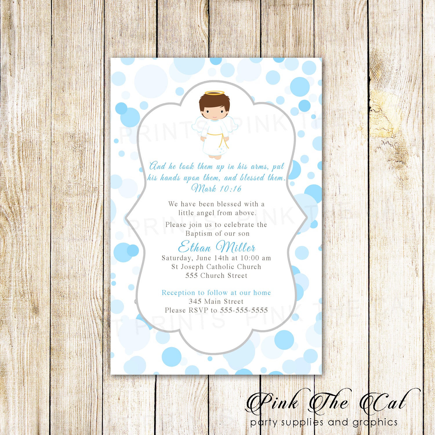 Angel invitations boy baptism christening communion blue printable