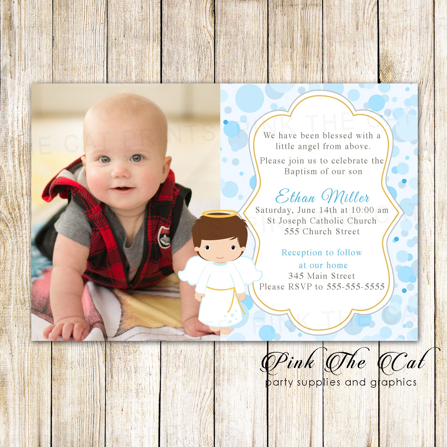 Angel invitations boy baptism christening blue photo printable