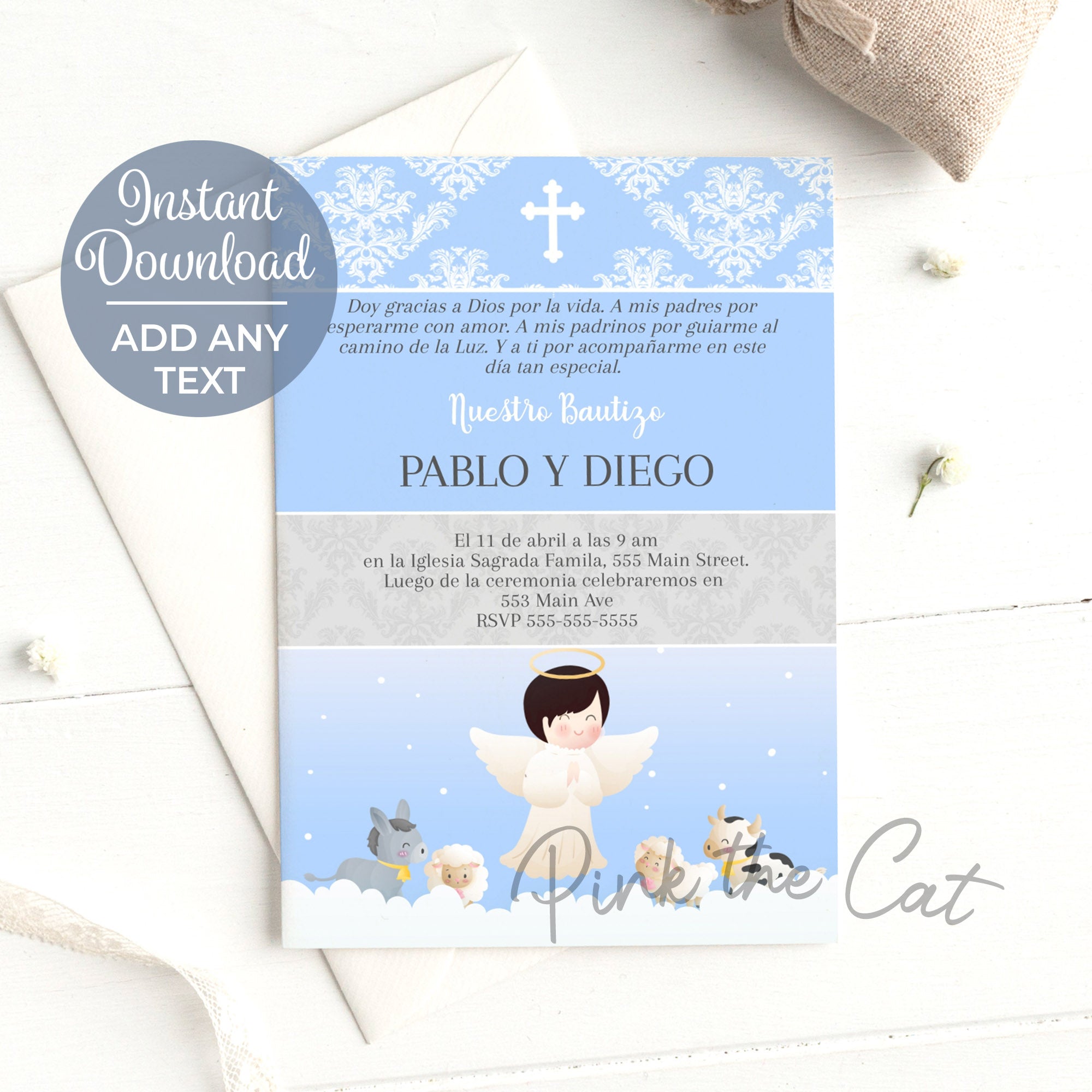 Angel baptism invitation spanish or english blue