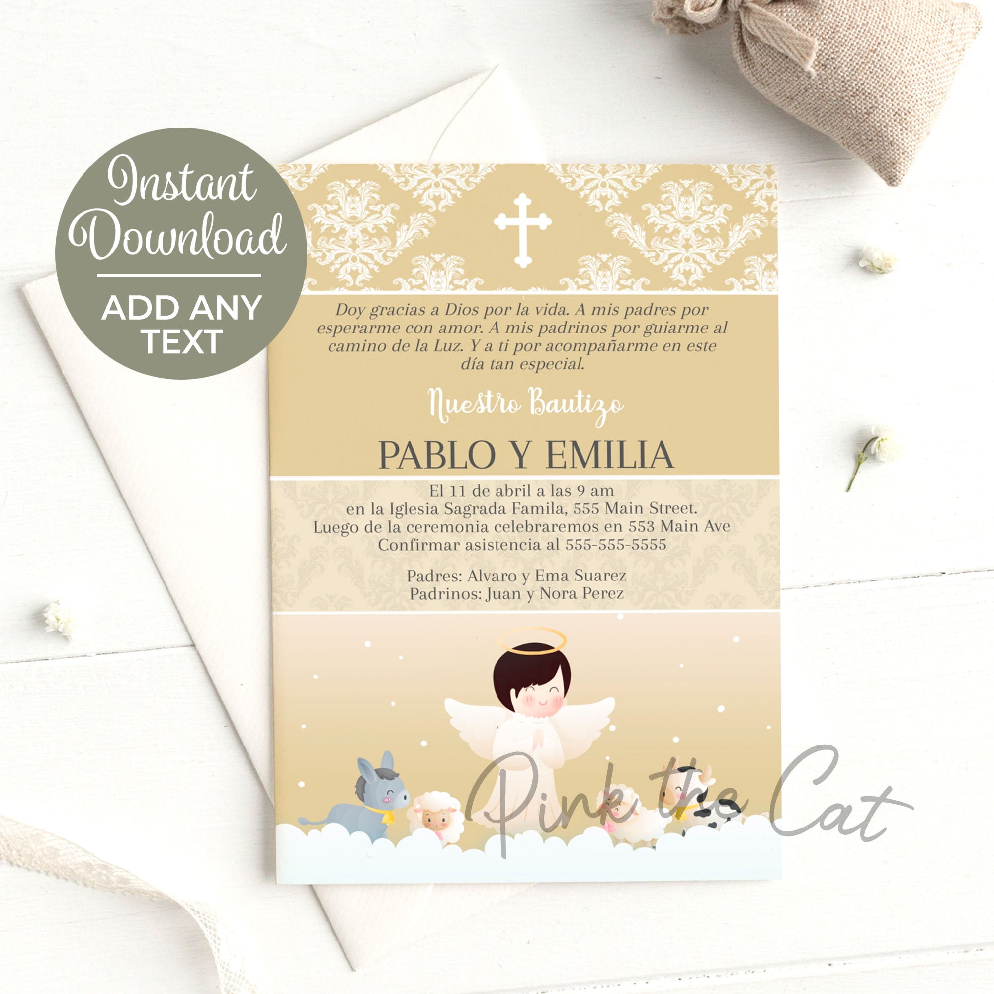 Angel baptism invitation spanish or english cream