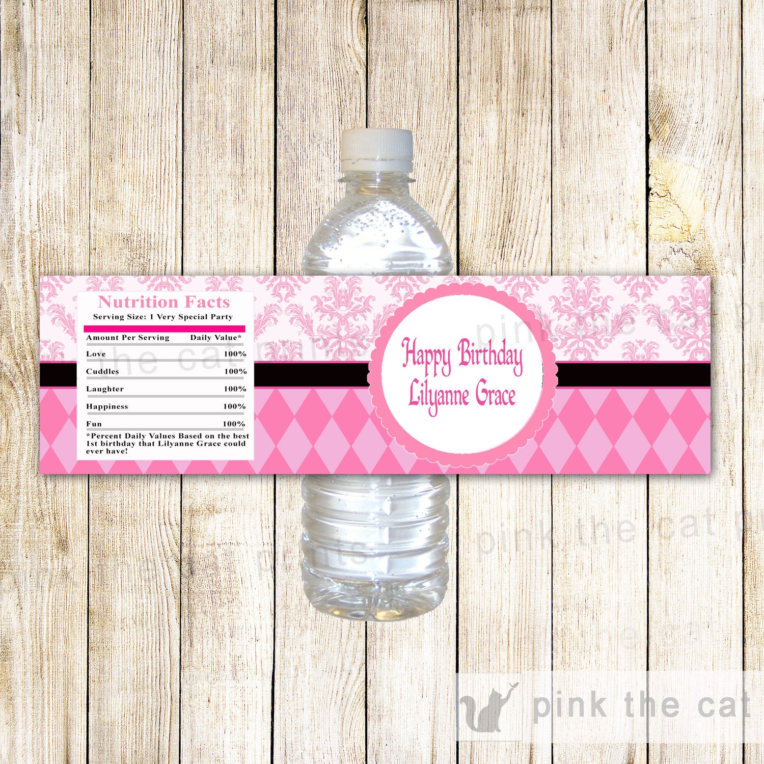 Pink Argyle Damask Bottle Label Birthday Baby Shower