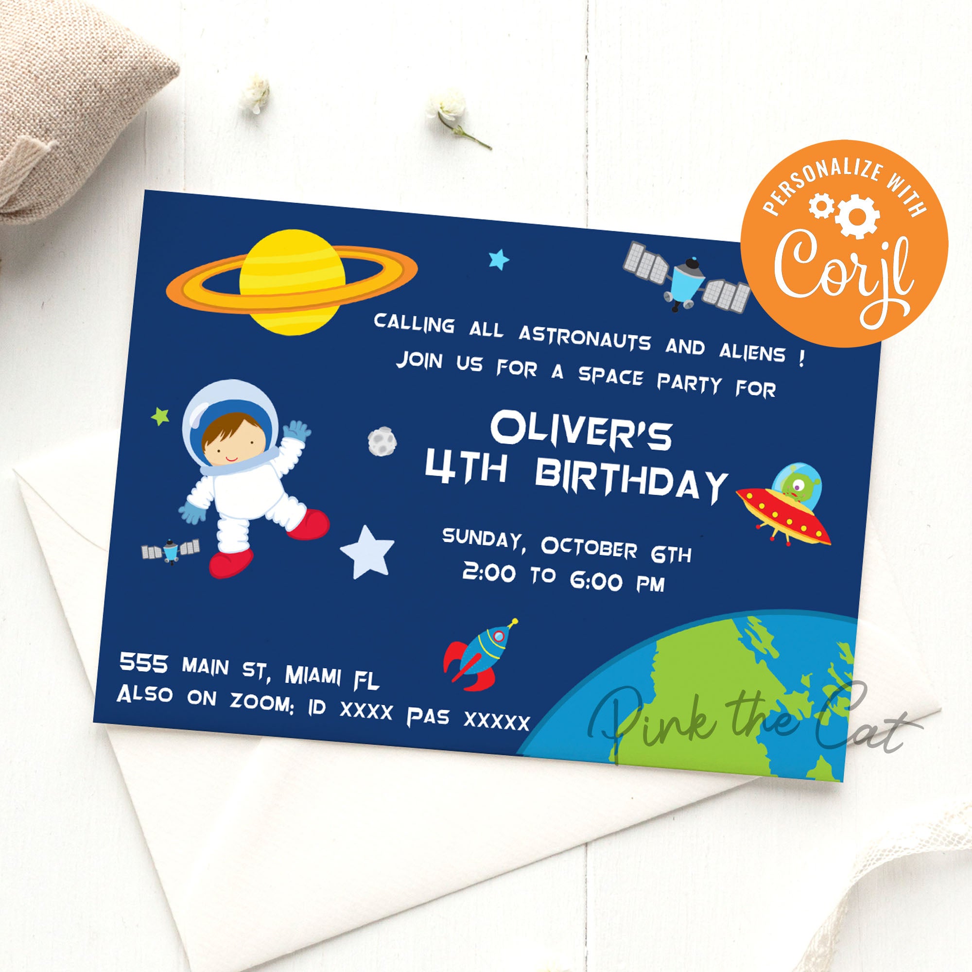 Astronaut Space Planets Invitation Boy Birthday Party