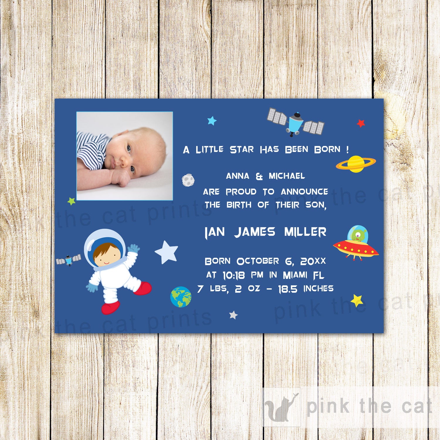Astronaut Baby Boy Birth Announcement Photo Card Space Planets