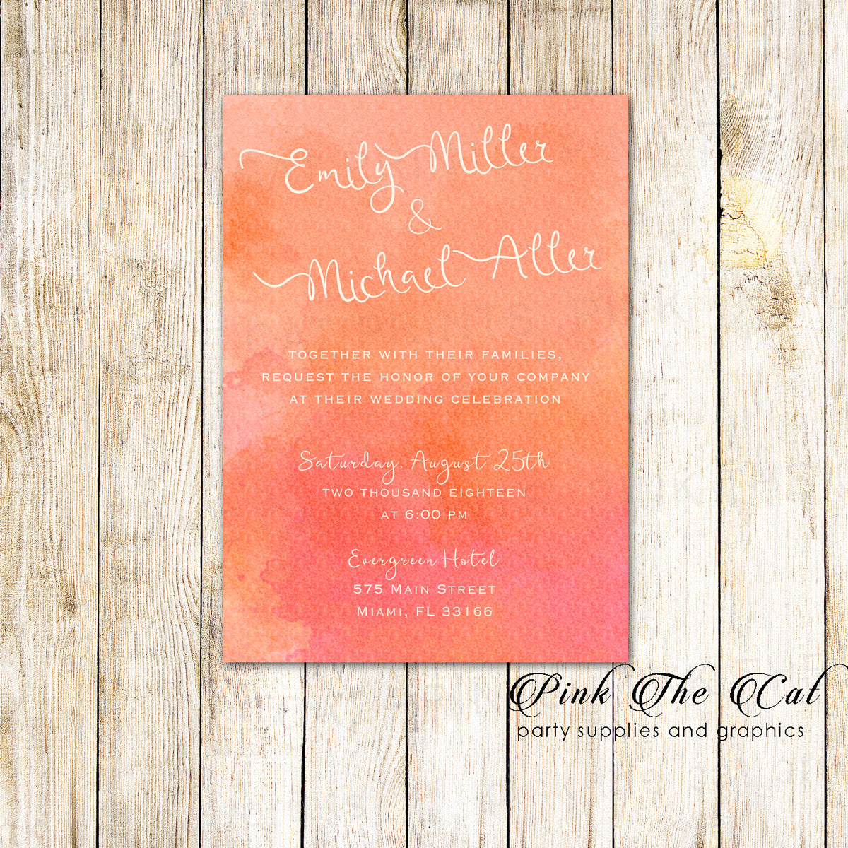 Orange Watercolor Wedding Invitation & RSVP Card