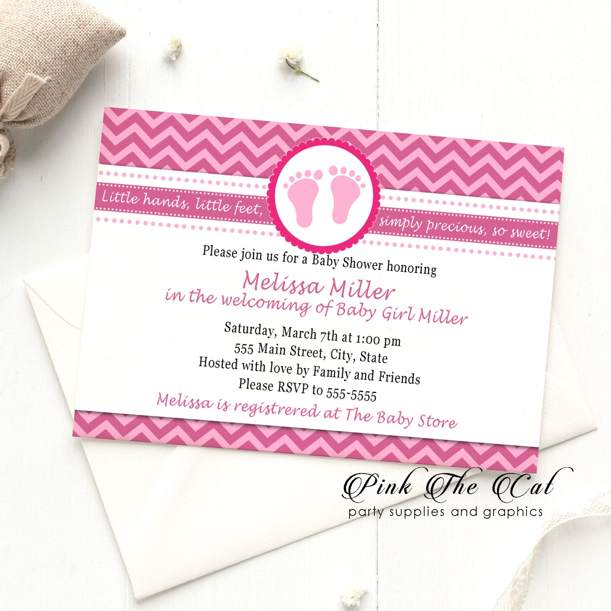 Pink footprints girl baby shower invitation printable instant download