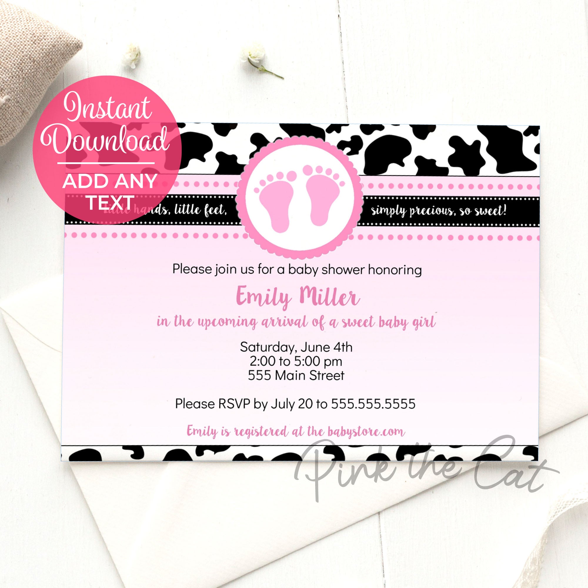 Cowhide Farm Baby Shower Invitation Pink Girl Cow