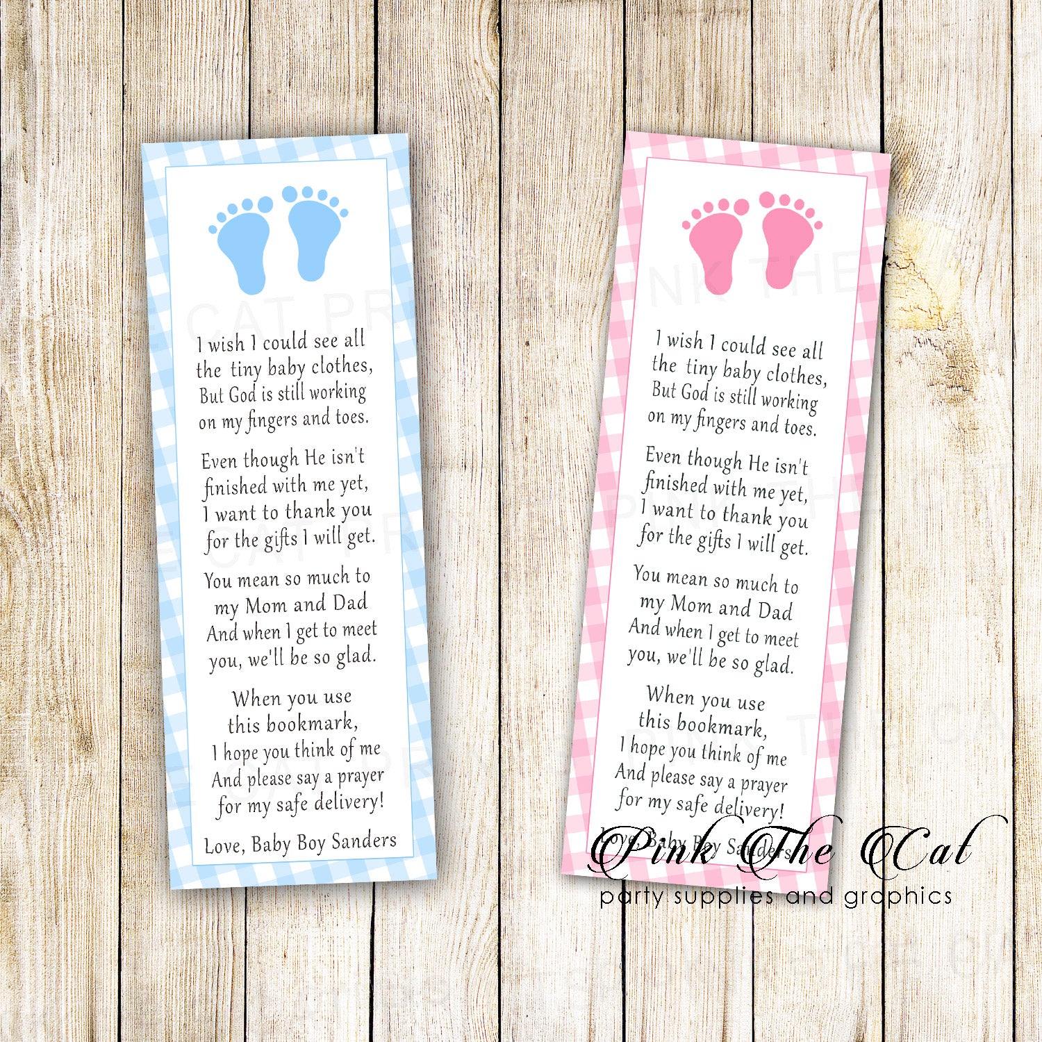Bookmarks gingham baby shower printable girl boy pink or blue
