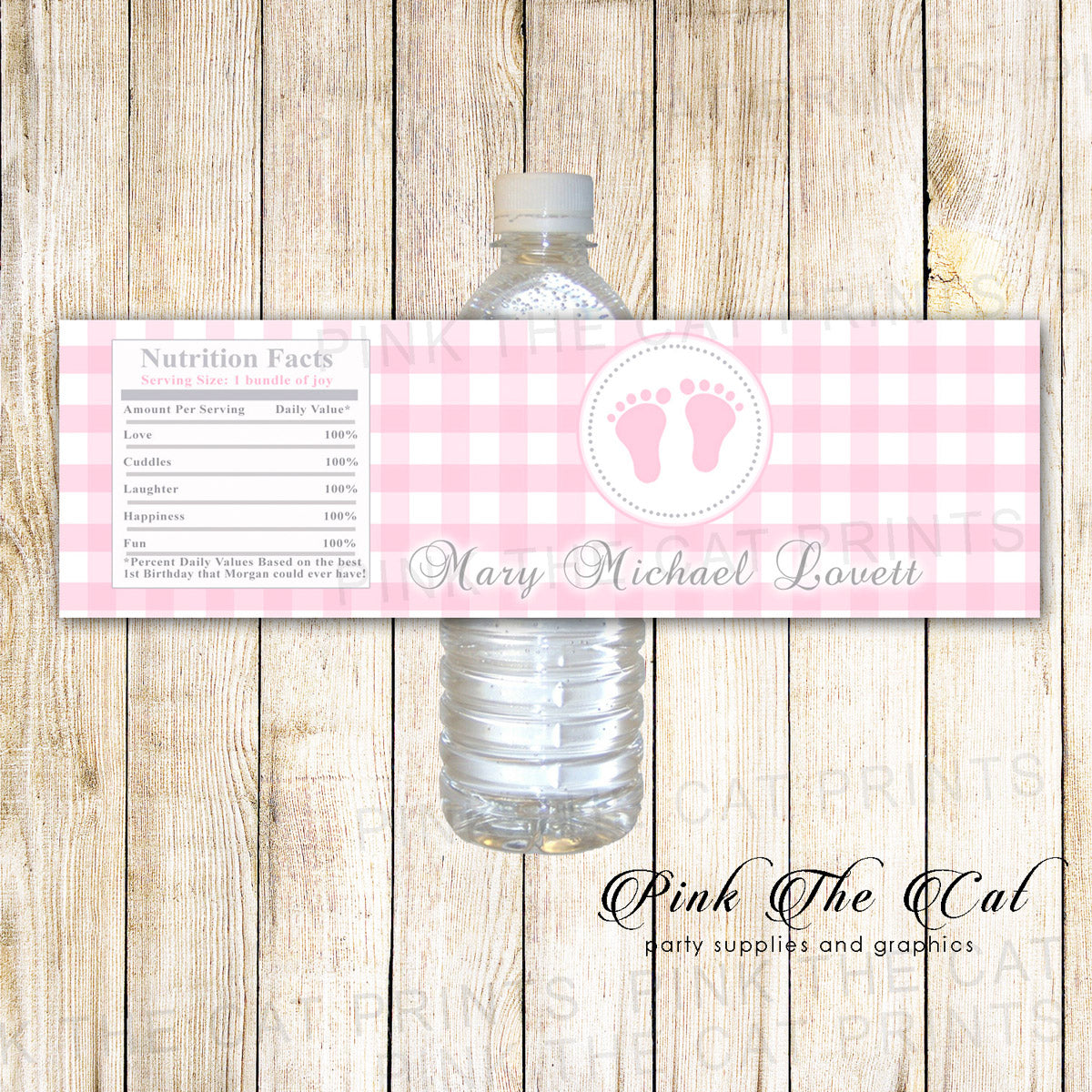 Pink Gingham Bottle Label Baby Girl Shower Printable Personalized