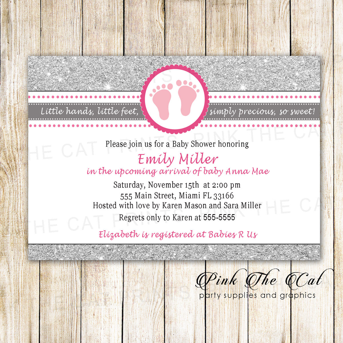 Footprints Invitation Glitter Silver Pink Baby Shower printed cards